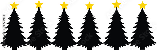 PrintChristmas tree silhouettes, festive holiday design, black pine shapes, yellow star decoration, winter celebration, graphic elements, white background, seasonal art
