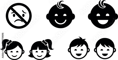 Set of baby and child faces with different expressions smiling and neutral vector icons collection