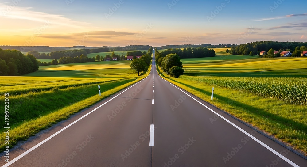 Fototapeta premium Picturesque asphalt road stretching through vibrant green fields under a serene sky at golden hour.
