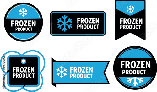 Frozen product labels vector set with blue black white snowflake icons for cold storage packaging and marketing designs