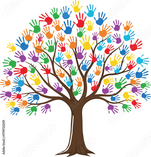 PrintColorful handprint tree illustration, diversity concept, unity symbol, community growth, educational artwork, inclusive design, creative nature theme, teamwork representation