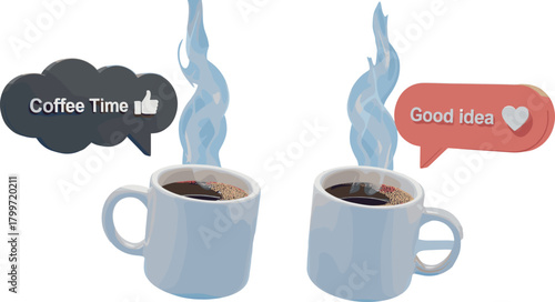 3D Vector Illustration of Two Steaming Coffee Mugs with Chat Bubbles Saying "Coffee Time" and "Good idea", Representing Break Time, Conversation, and Social Media