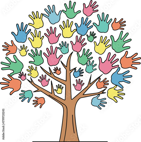 PrintColorful handprint tree, diversity illustration, unity concept, community symbol, inclusive design, children art, multicultural graphic, education poster, teamwork icon