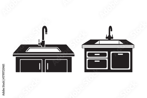 Two black silhouette kitchen sinks with cabinets and faucets