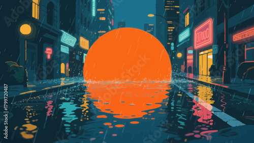 A vibrant cityscape at night with neon signs reflecting in a rain-soaked street