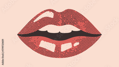 Artistic illustration of a detailed open mouth with teeth and a retro halftone effect