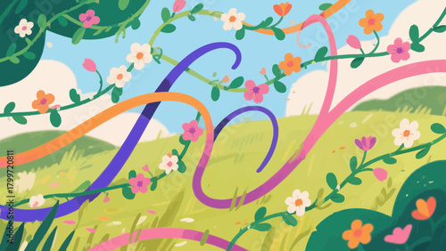 Colorful floral illustration of a spring meadow with ribbons and whimsical decorative elements