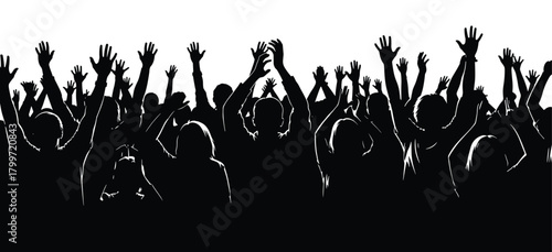 PrintCrowd silhouette illustration, raised hands, black figures, celebration pose, vector clipart, isolated design, event theme, unity concept, group energy