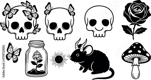 Skulls with butterflies, rose, mouse, mushroom, and flower in jar vector collection for gothic and nature designs