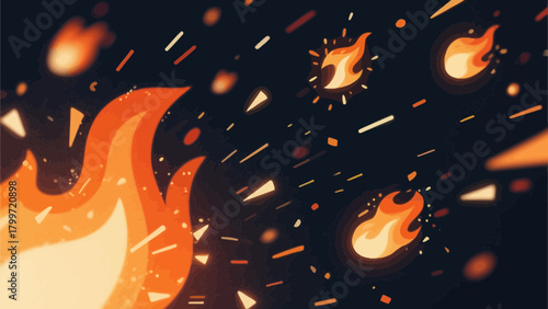 Dynamic illustration of fire elements with flames and sparks on a dark background