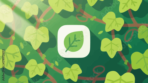 Illustration of a leaf icon surrounded by green leaves and vines in a nature scene.