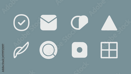 Minimalist icon set in white color with checkmark, mail, heart, triangle and other shapes on grey background