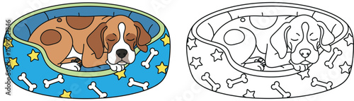 Cute Sleeping Puppy in a Cozy Bed with Bones and Stars Design - Adorable Pet Relaxation