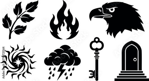 Collection of nature and symbolic vector icons including leaf fire eagle sun cloud key and door design