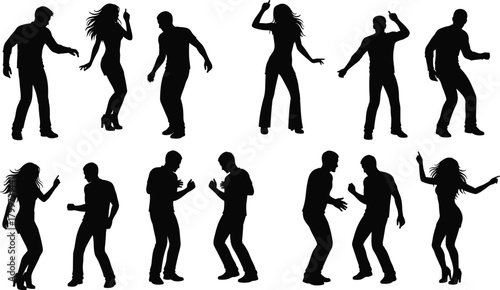 PrintDancing people silhouettes, black figures, expressive poses, celebration concept, rhythm movement, vector clipart, isolated design, music theme, energetic artwork
