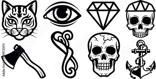 Tiger head eye diamond skull axe tribal skull anchor vector icons design set