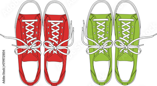 Top View Vector of Two Pairs of Colorful Canvas Sneakers or Trainers with White Laces, Representing Casual Footwear, Youth Culture, and Lifestyle