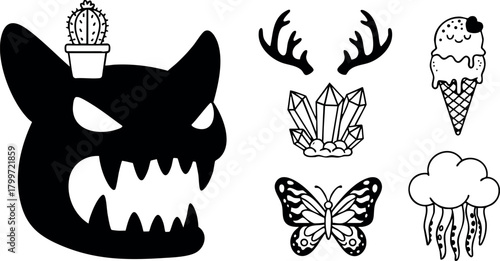 Black silhouette collection of monster head cactus crystal butterfly jellyfish and ice cream cone vector design elements included