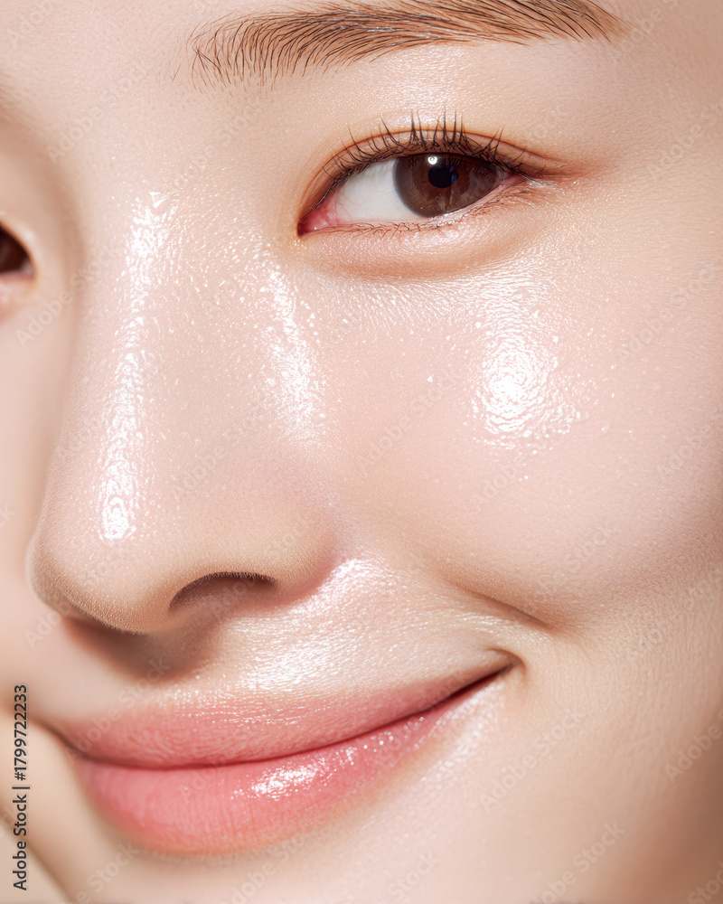 Fototapeta premium A close-up of a smiling person with glowing skin, highlighting their eyes and smooth complexion.