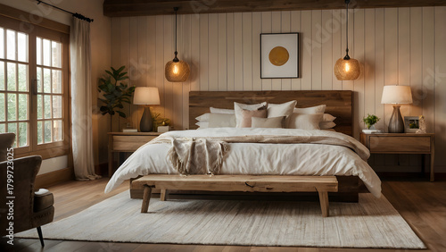 Luxury hotel bedroom interior design featuring a comfortable bed, soft pillows, stylish furniture, and warm lamp light near a window