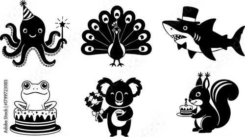 Cute animal cartoon characters celebrating birthday party with cake and party hats vector illustration