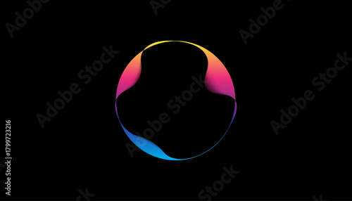 Dynamic wavy circle background featuring a vibrant tri-color gradient. The glowing abstract loop casts a subtle blue reflection beneath it.
