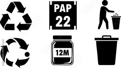 Recycling symbols and waste disposal icons including pap 22 and 12 month expiration vector set for environmental awareness and sustainability