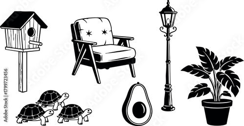 Birdhouse chair lamp avocado plant and turtles vector set with black and white design elements for lifestyle and nature illustration