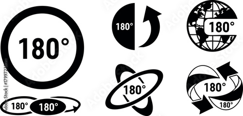 180 degree rotation vector icons with circular arrows and globe elements in black and white design