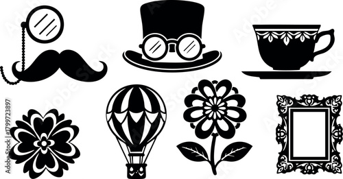 Vintage style icons including mustache monocle hat glasses teacup hot air balloon flower ornate frame vector design collection
