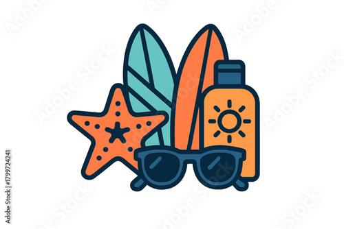 Summer beach vacation essentials featuring surfboards, sunscreen lotion, sunglasses, and a starfish icon