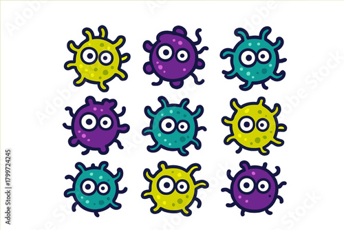 Vibrant collection of nine stylized cartoon germs bacteria and virus characters