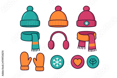 Brightly colored collection of cold weather apparel featuring knitted hats, scarves, mittens, and earmuffs