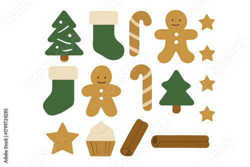 Festive holiday collection of Christmas trees, gingerbread cookies, stockings, and candy canes