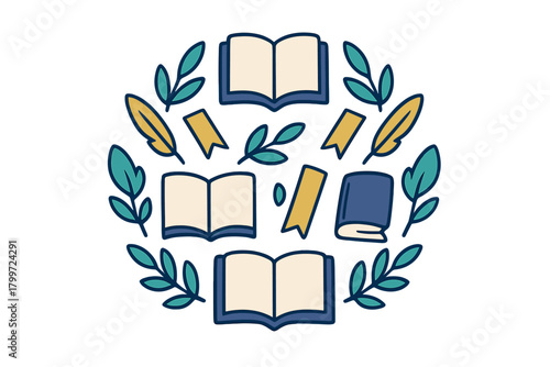 Circular arrangement of open and closed books with decorative leaves feathers and bookmarks