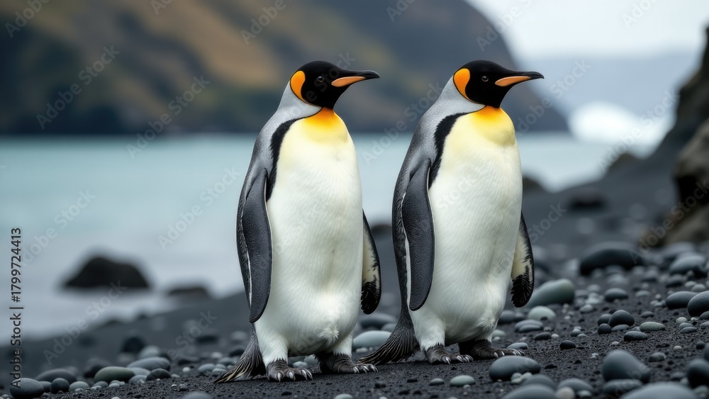 Fototapeta premium Two penguins standing together on a rocky coast, great for outdoor or wildlife themes
