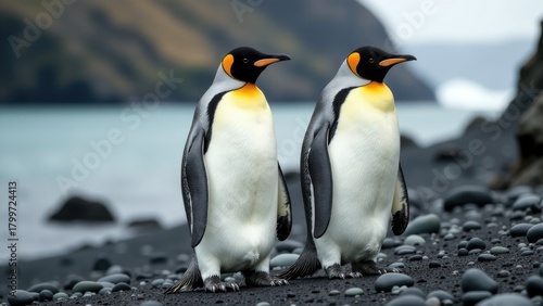 Two penguins standing together on a rocky coast, great for outdoor or wildlife themes