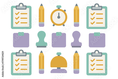 Flat design collection of essential office supplies, productivity tools, and planning management elements