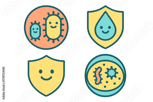 Cute cartoon set of bacteria germs shield protection and petri dish symbols