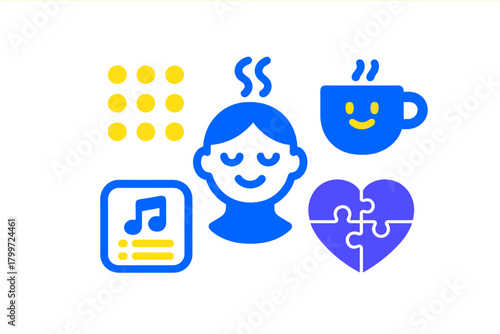 Flat design icons representing mental wellness, self-care, relaxation, music, and hot beverage