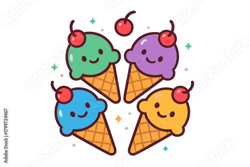Four cute colorful ice cream cones with happy faces and cherry toppings
