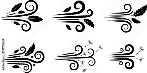 Wind icons with swirling lines and leaves vector set for natural breeze design elements