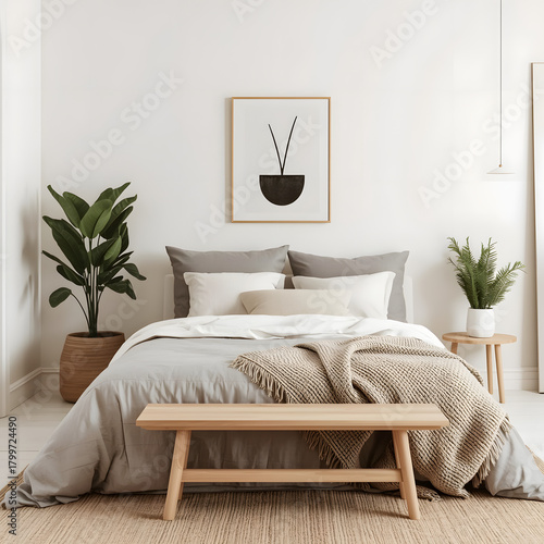 Luxury modern home interior with comfortable sofa, pillows, lamp, and elegant wall decor in an apartment living room design