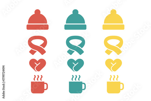Colorful collection of winter symbols including hats, scarves, hearts, and hot beverage mugs