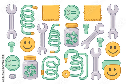 Seamless pattern of various tools and mechanical parts with happy face icons and coiled tubing