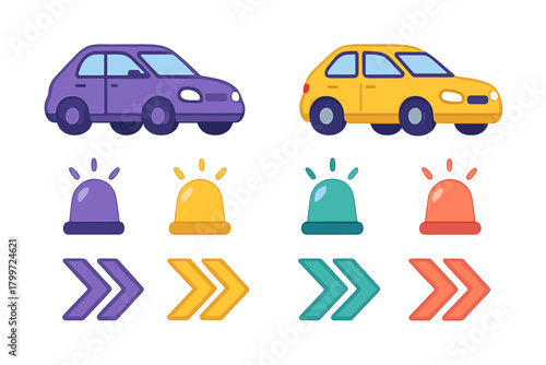 Cartoon cars, emergency siren lights, and directional chevron arrows