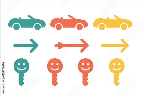Brightly colored icons featuring convertible cars, direction arrows, and happy face keys