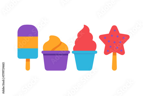 Colorful collection of frozen desserts, popsicles, and soft serve ice cream cups