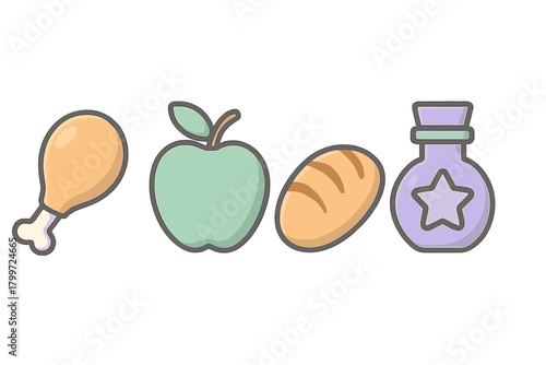 Set of fantasy game items including chicken leg, apple, bread, and magic potion bottle