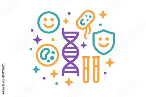 Scientific concepts featuring DNA, friendly bacteria, immunity shield, and lab research elements